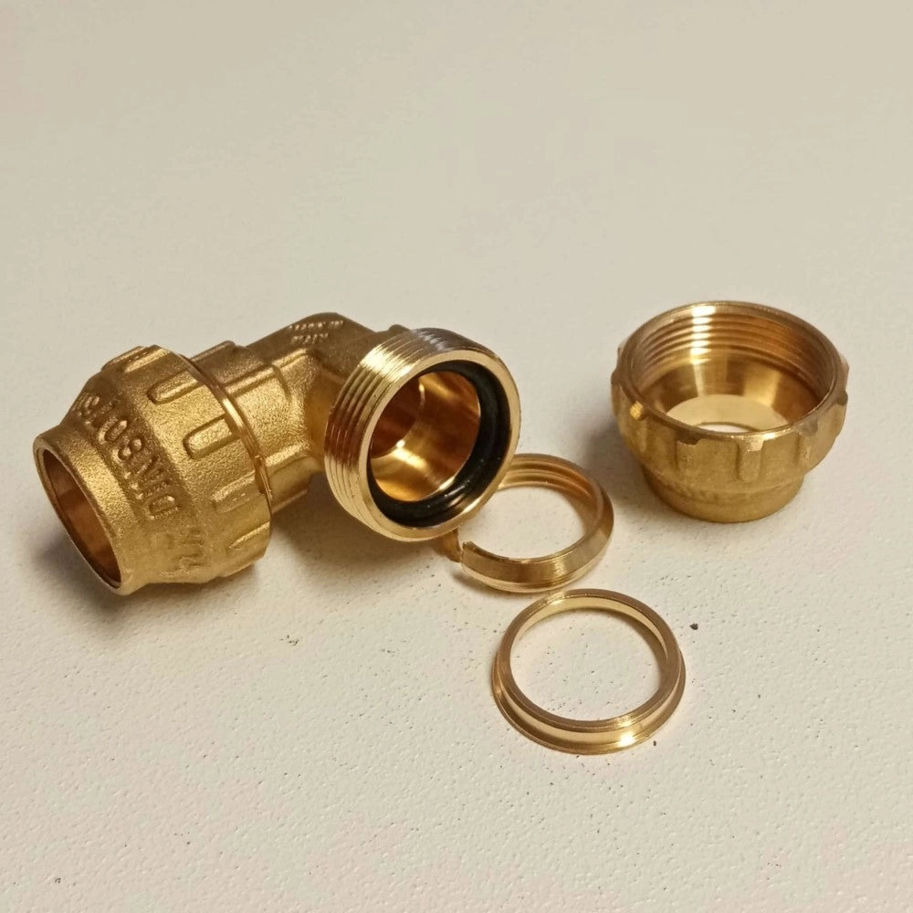 Raccordo 32x32 gomito di giunzione in ottone con tenuta o-ring ed ogiva in ottone