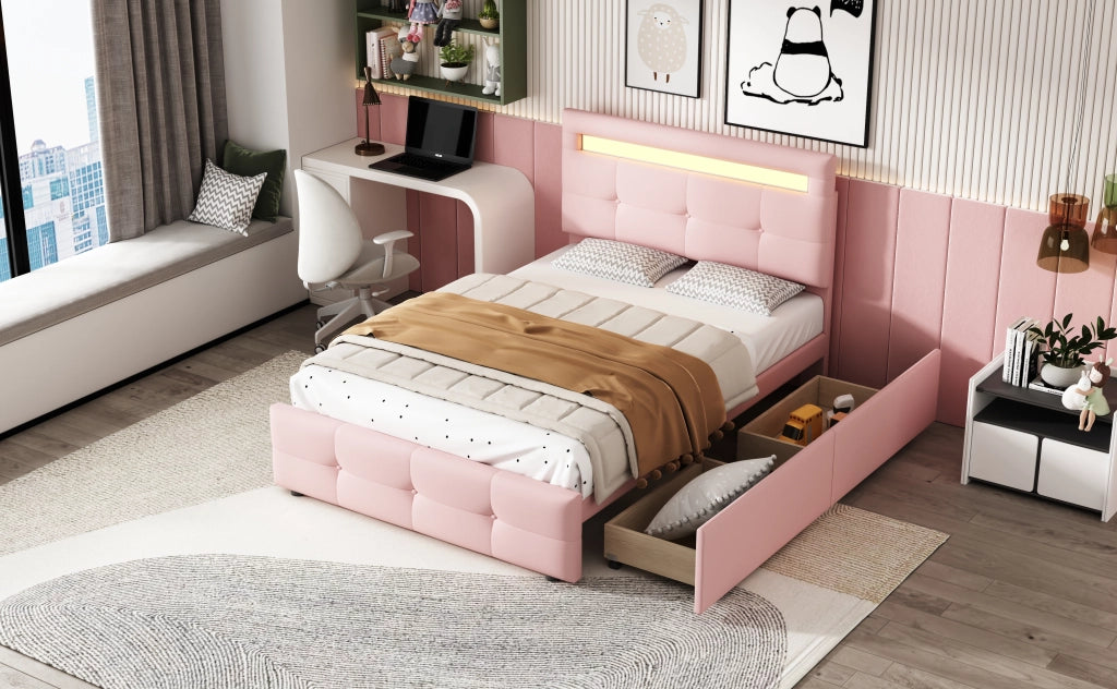 DESMIU Letto singolo 90 × 200 cm con 2 cassetti, LED, testiera regolabile, senza materasso, rosa