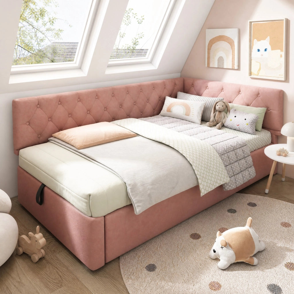 Letto divano 90x190 cm con contenitore idraulico; rivestimento in velluto rosa