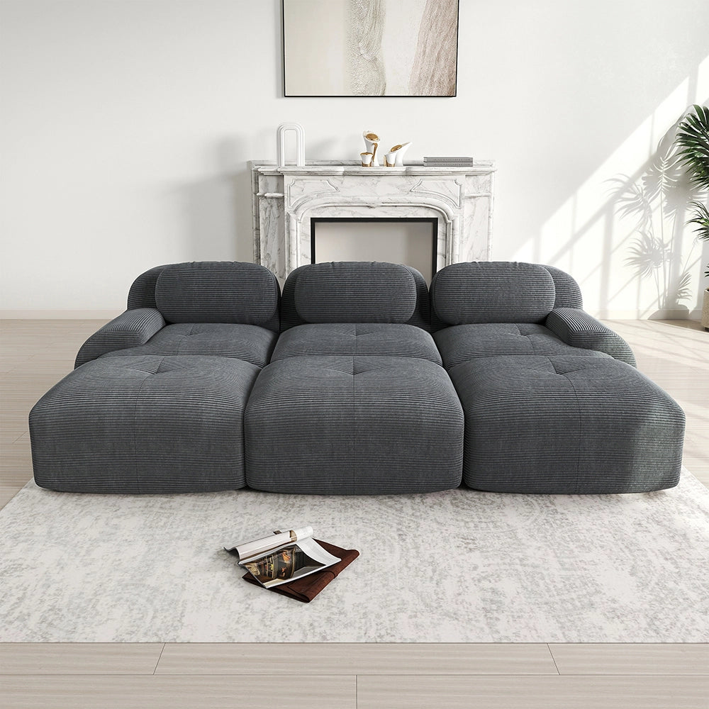 Set 3 posti + 3 pouf in velluto - Xylo - Braccioli XL, imbottitura 32D, home cinema, grigio