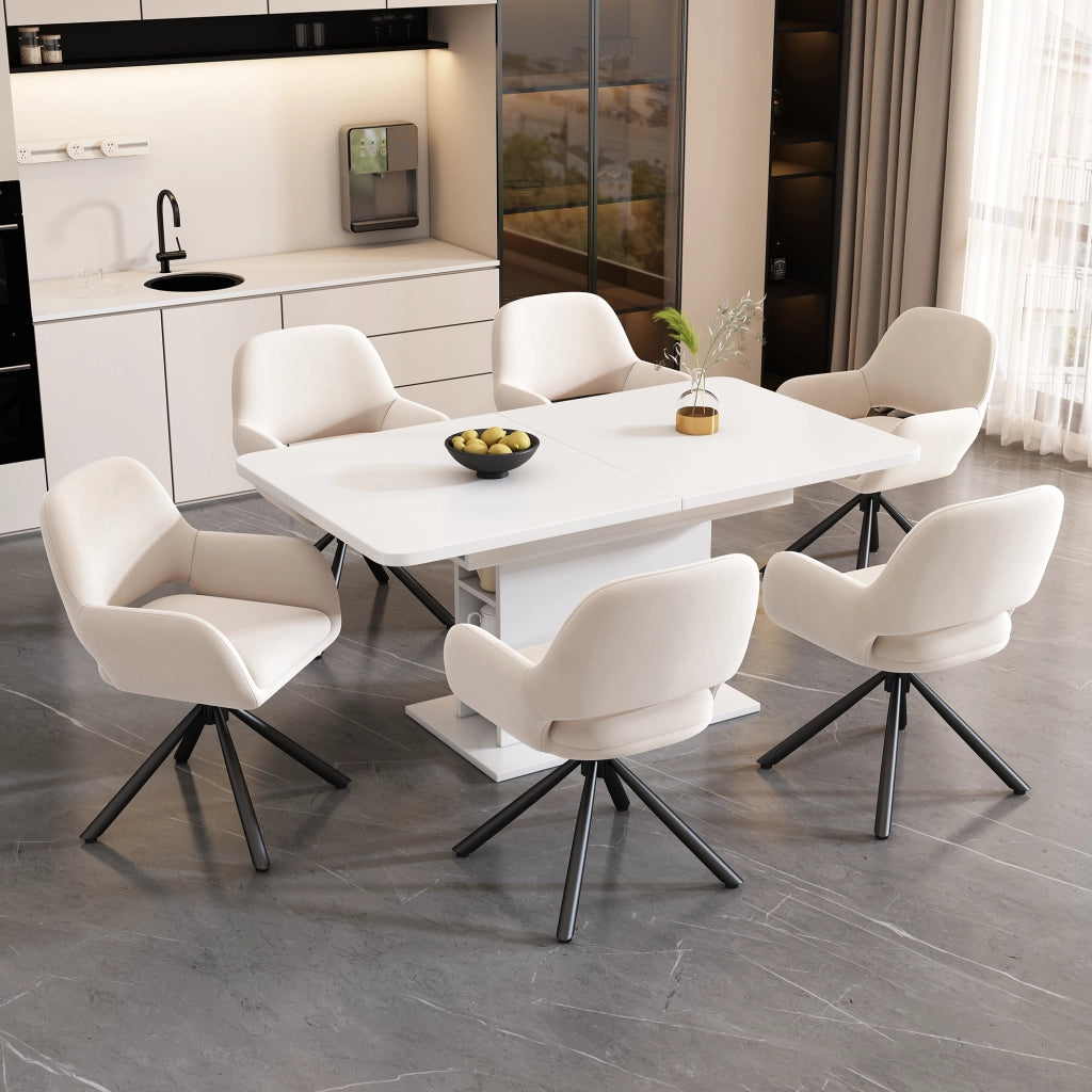 Set di 4 sedie da pranzo girevoli in velluto beige con braccioli, struttura in metallo