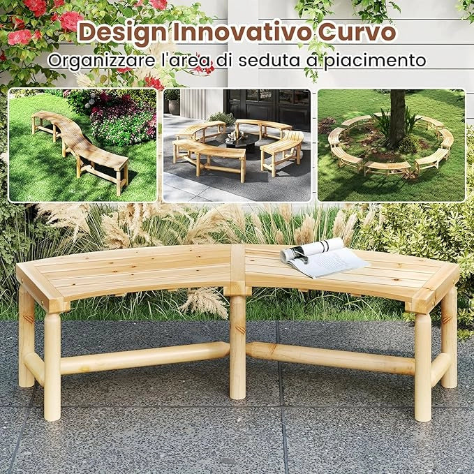 Panchina Curva da Patio, Panchina di Legno Massello per 2-3 Persone, Panca da Fuoco Senza Schienale per Esterni, Giardino e Bordo Piscina, Portata 360 kg (Naturale)