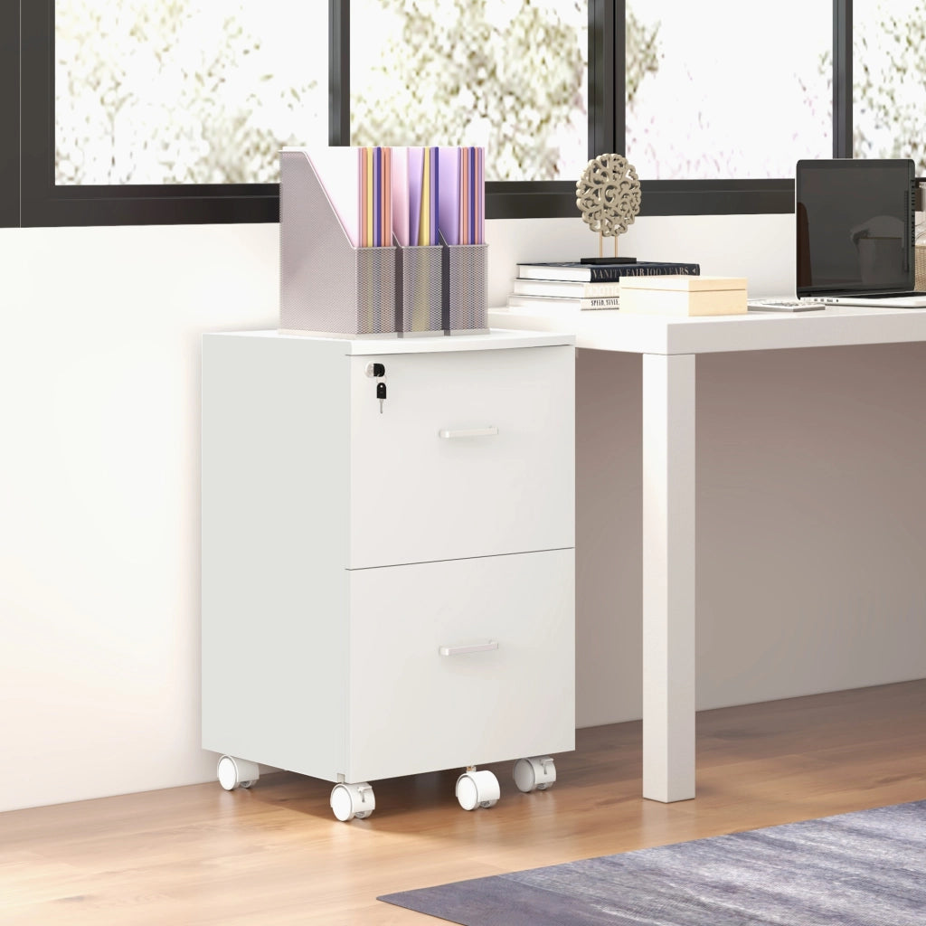 Armadietto da Ufficio con 2 Cassetti e 5 Ruote, Schedario in MDF e Truciolato, 43x45x72 cm, Bianco