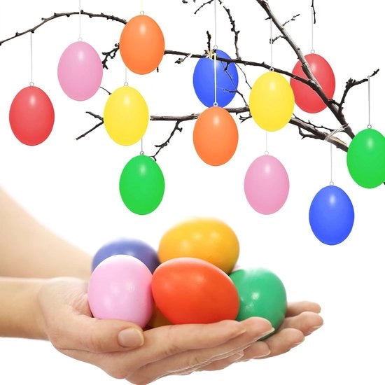 24 uova di Pasqua in plastica da appendere, uova di plastica colorate in poliestere, 6 x 4 cm, uova di plastica per appendere e decorare, uova in poliestere per esterno e interno.