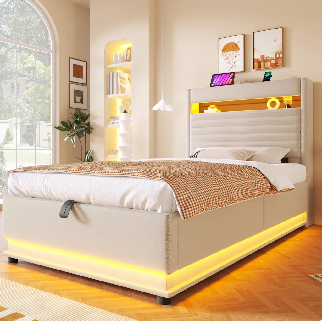 Letto imbottito con contenitore e LED, 90 x 200 cm, beige