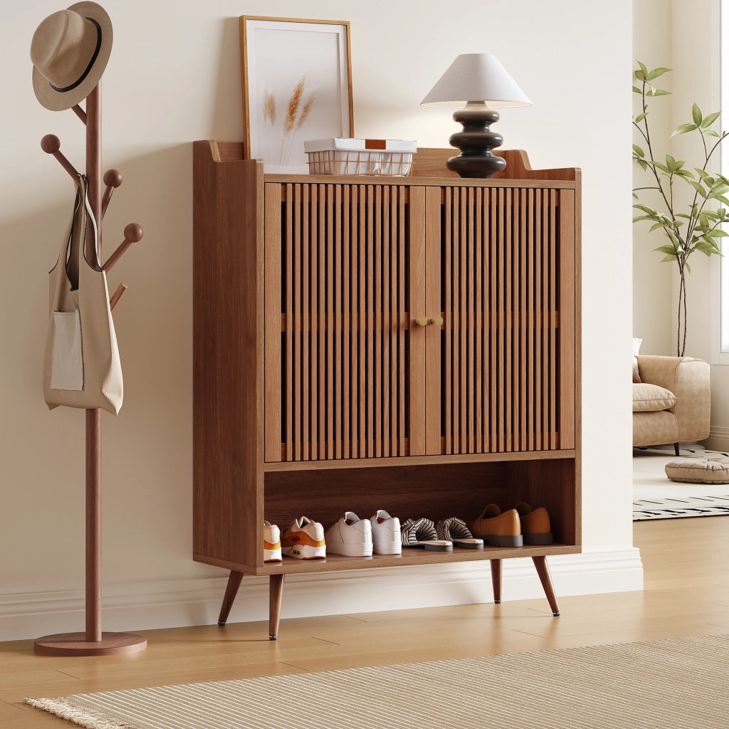 Scarpiera con 2 ante e vano aperto, ripiano fisso, per ingresso, in MDF e pino, noce, 80 × 35 × 105 cm