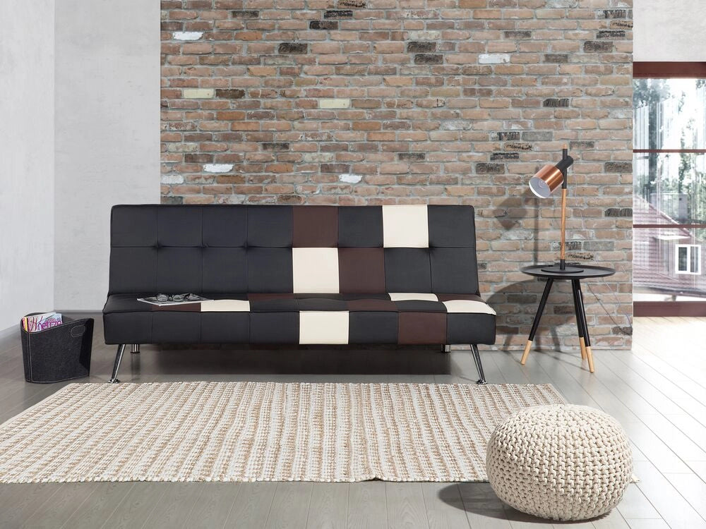 Divano letto nero e marrone a 3 posti con rivestimento patchwork in ecopelle Click Clack