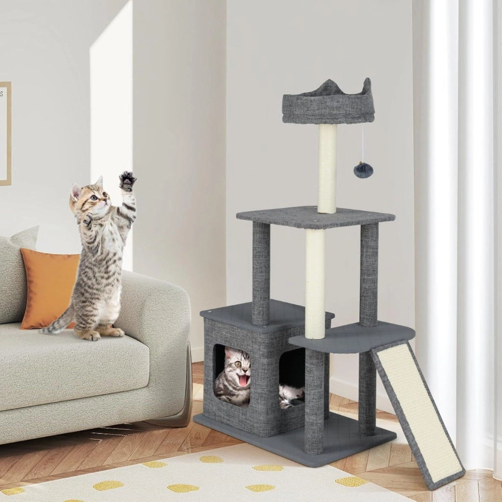 Albero per gatti interno 117 cm torre con tiragraffi in sisal e condominio, Mobili con giochi appesi e piattaforma versatili-Alberi Tiragraffi