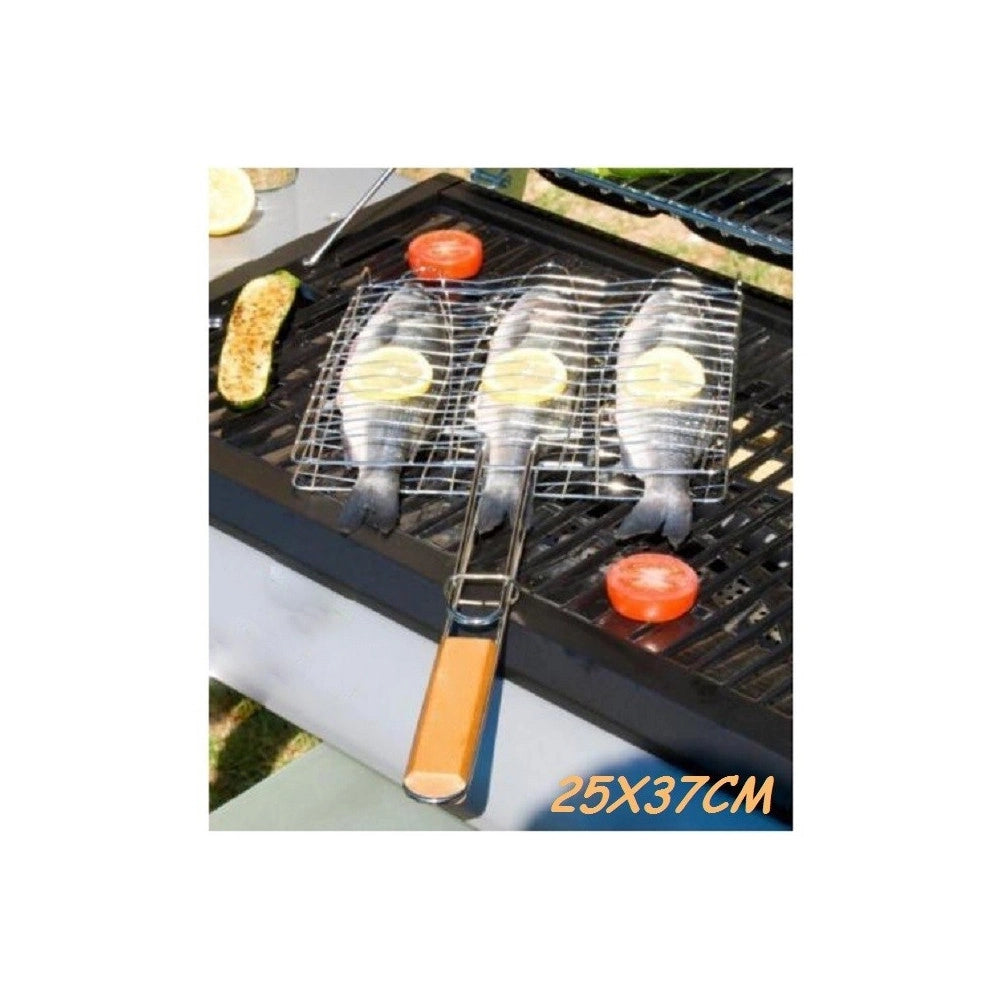 Trade Shop - Griglia Barbecue Doppia 25x37cm Grill Antiaderente Fornacella Brace Pesce Carne -