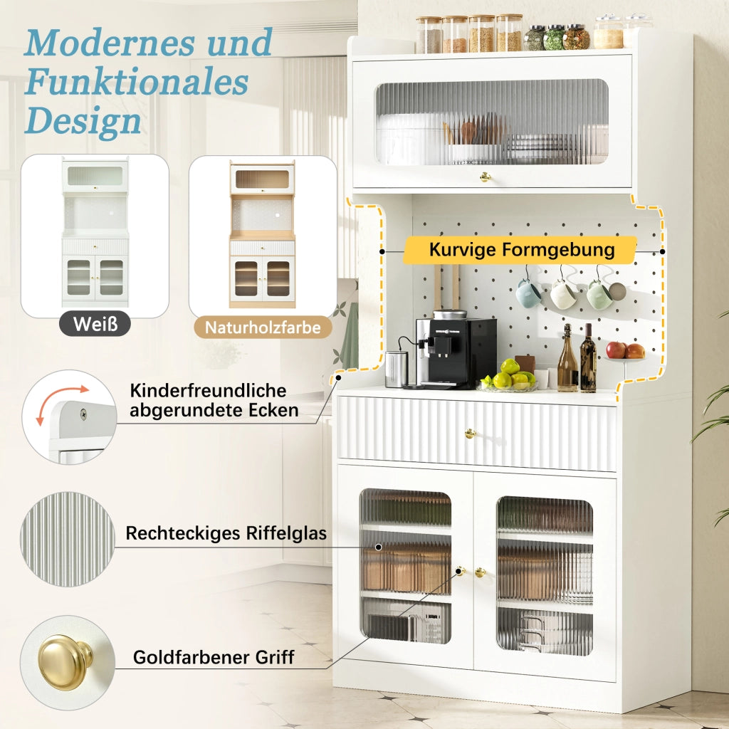 Credenza alta con 1 cassetto, ripiani regolabili, LED e vetrina per cucina, soggiorno e sala da pranzo 80 × 40 × 180 cm