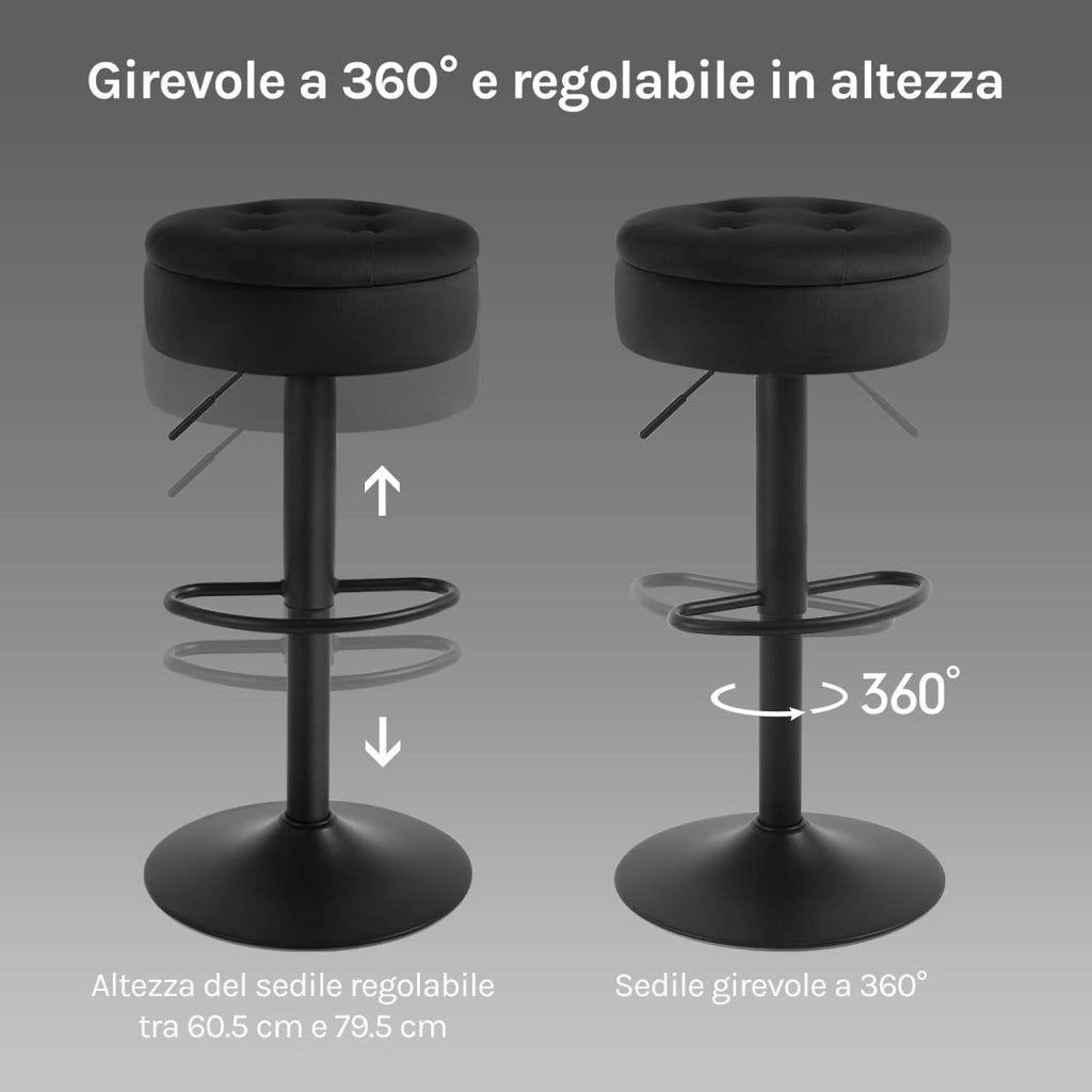 Set di 2 Sgabelli da Cucina, Sgabelli da Bar Alti con Spazio Contenitivo, Sedia Regolabili in Altezza e Girevoli a 360°, per Cucina Sala da Pranzo Bar Bancone, Velluto, Metallo, Nero