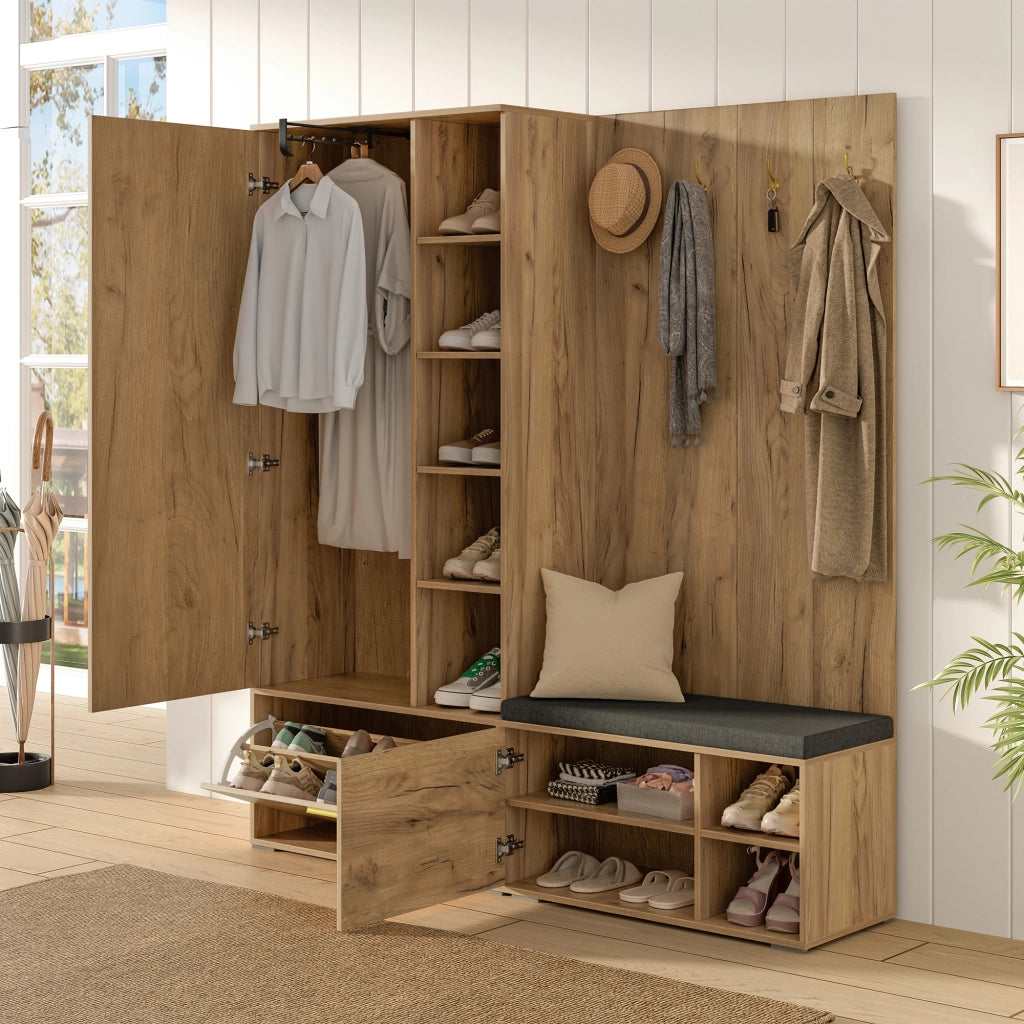 Mobile ingresso con specchio; scarpiera; panca; asta estraibile e 4 ganci - 160x38x180 cm