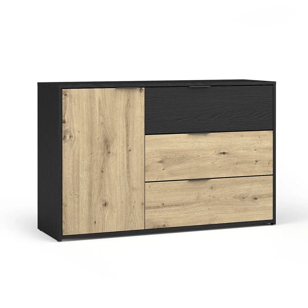 Camera completa MELODY – Letto contenitore 180x200 + armadio + cassettiera + comodini – Nero grafite e rovere chiaro – Materasso non incluso