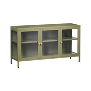 Credenza in acciaio con vetro temperato a 3 ante e ripiani regolabili verde arredi per il soggiorno dal design moderno.