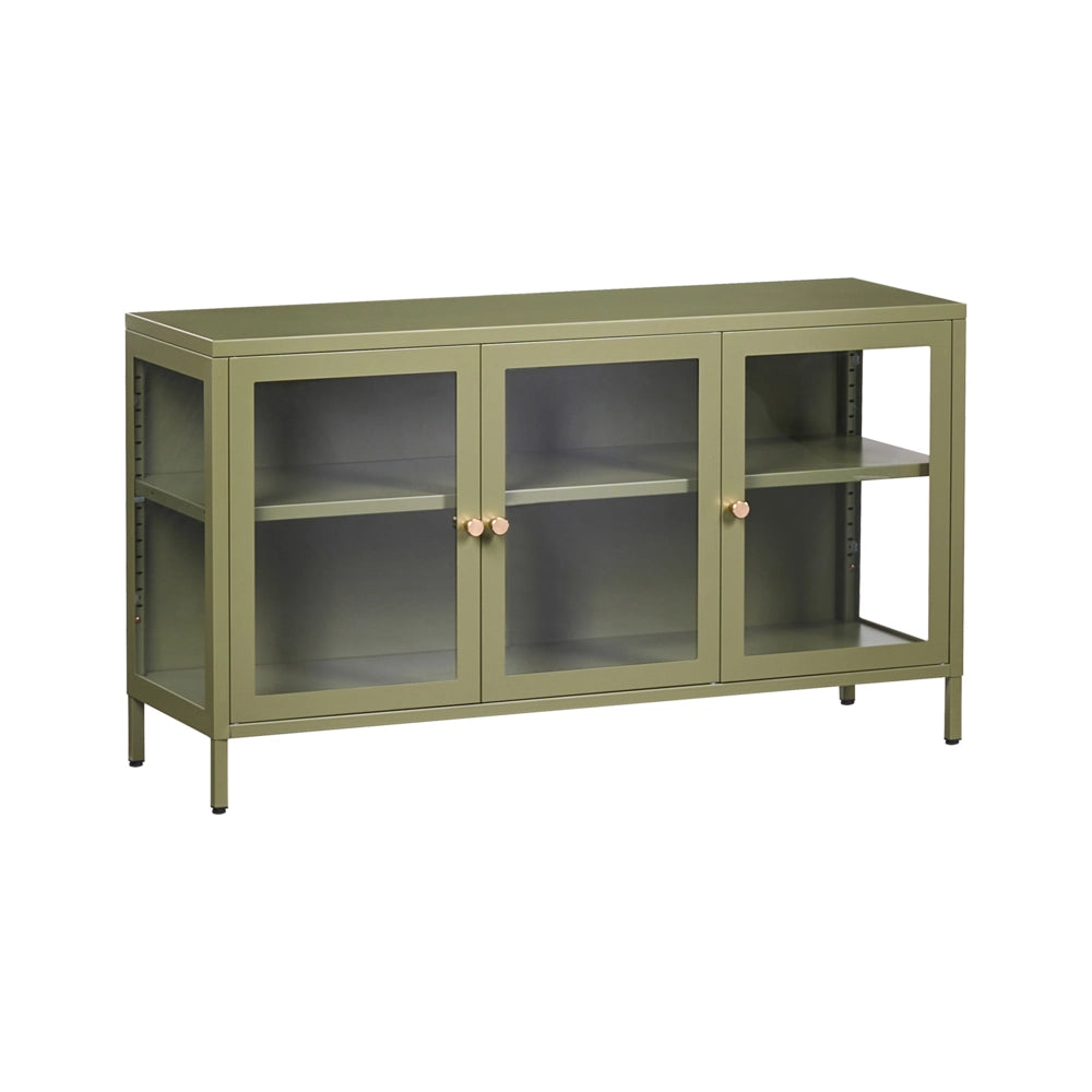 Credenza in acciaio con vetro temperato a 3 ante e ripiani regolabili verde arredi per il soggiorno dal design moderno.