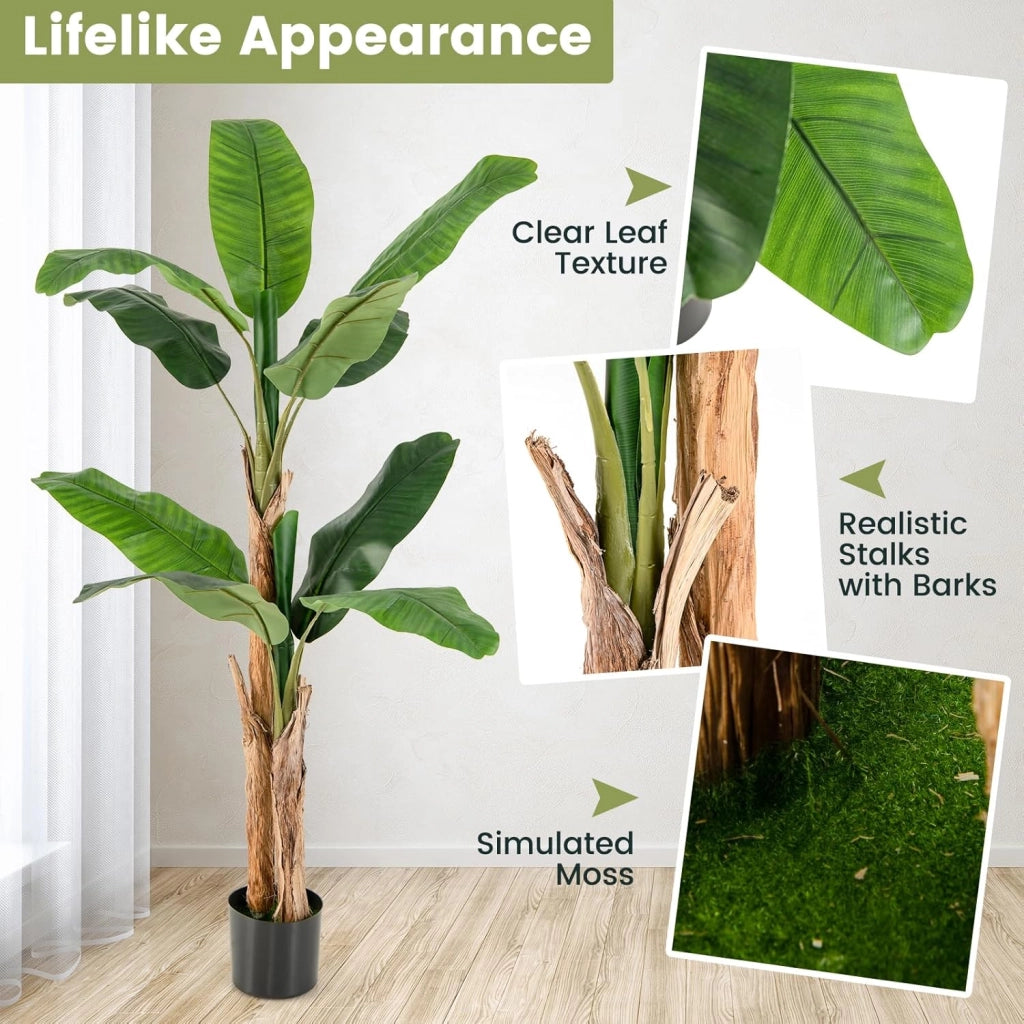 Albero di foglie di banana artificiale con vaso di fiori finti per decorazione interna, pianta tropicale, decorazione per ingresso, soggiorno, balcone, ufficio, 165 cm