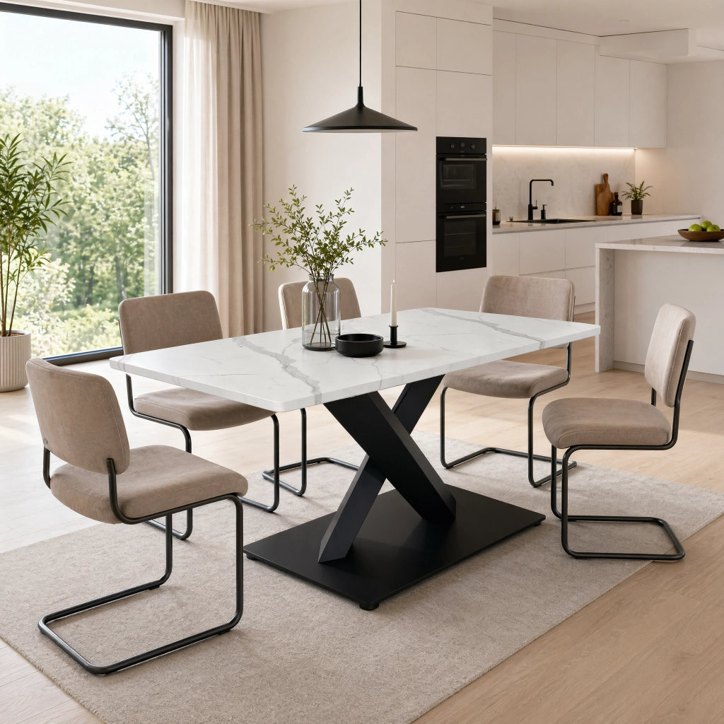 Tavolo da pranzo - rettangolare moderno - base nera a X - MDF bianco marmo - per 6-8 persone