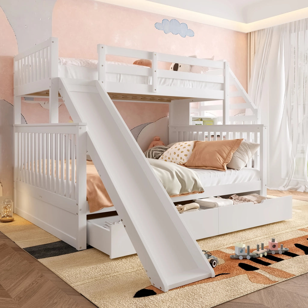 LETTO a castello con cassetti e scivolo 90x200/140x200 cm Bianco antico