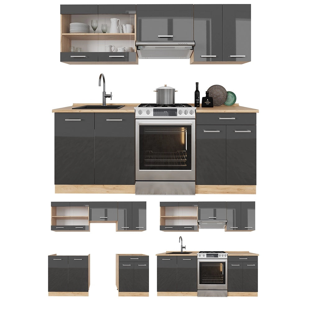 Cucina componibile R-Line Antracite lucido/Rovere dorato 200 cm senza piano di lavoro Vicco
