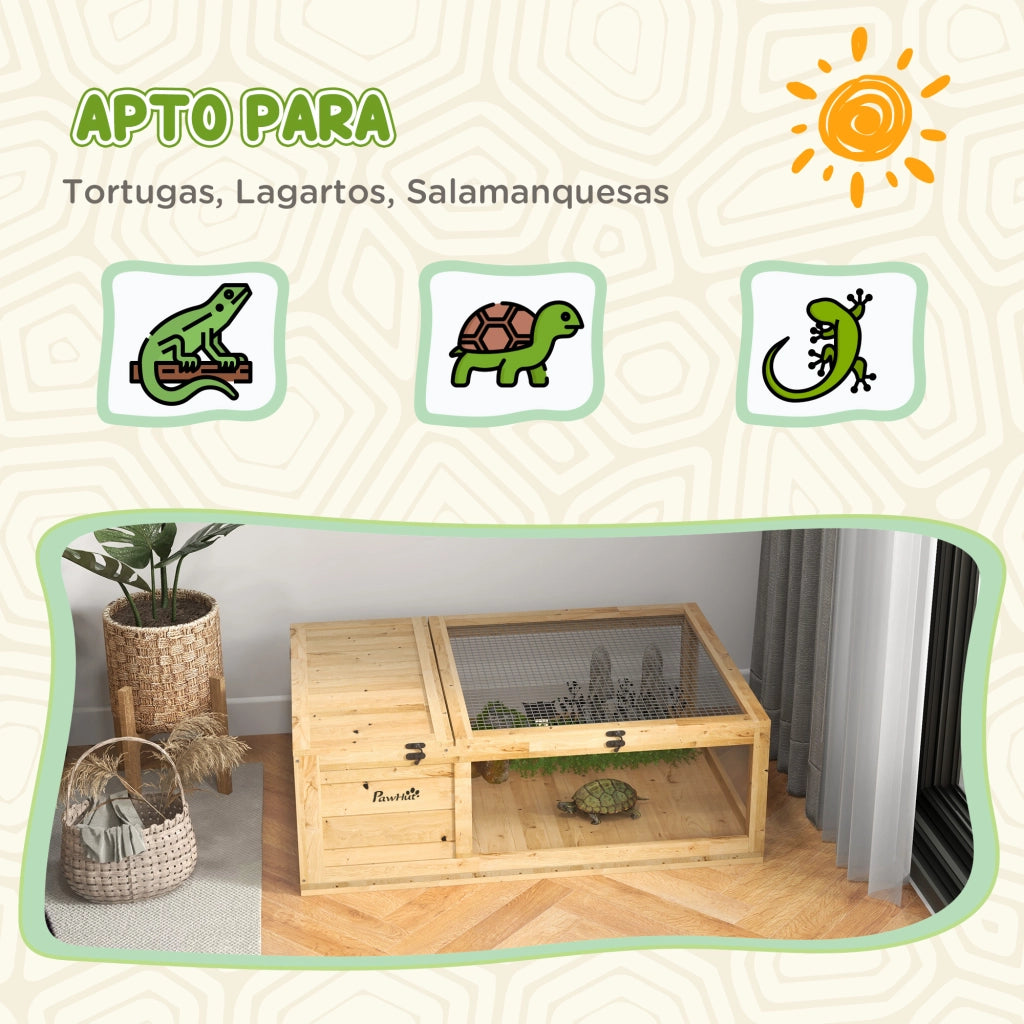 Casetta per Tartarughe in Legno con Tetto a Rete e Pannelli Laterali Trasparenti Estraibili ¨C zephmum ¨C 91x60.5x32 cm Naturale