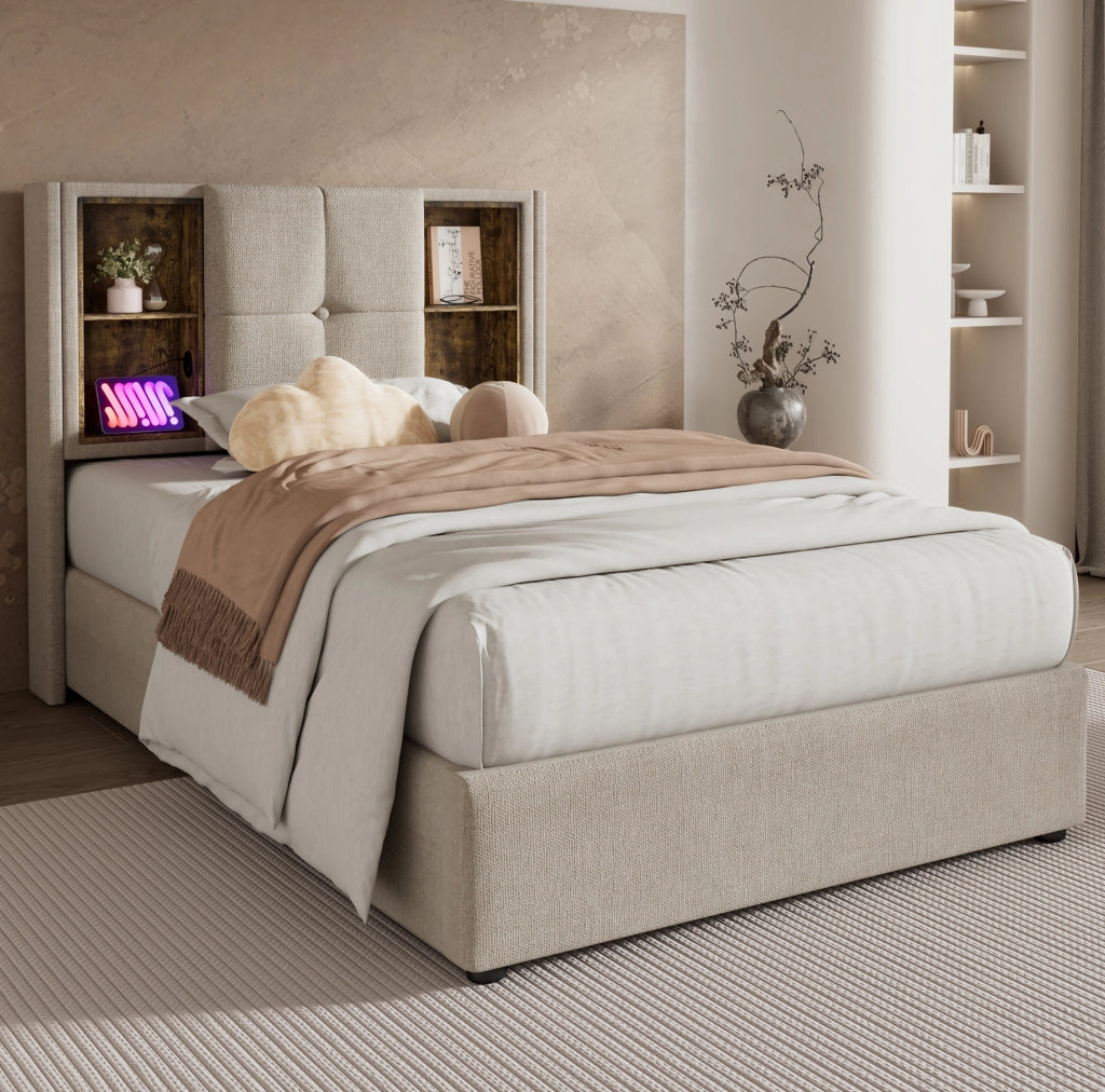Letto singolo imbottito 90x200 cm con ricarica wireless e USB-C