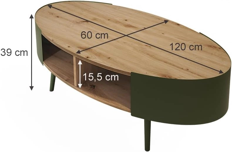 Tavolino Lofta, Verde, 120 x 60 cm, con ripiano per riviste e telecomandi