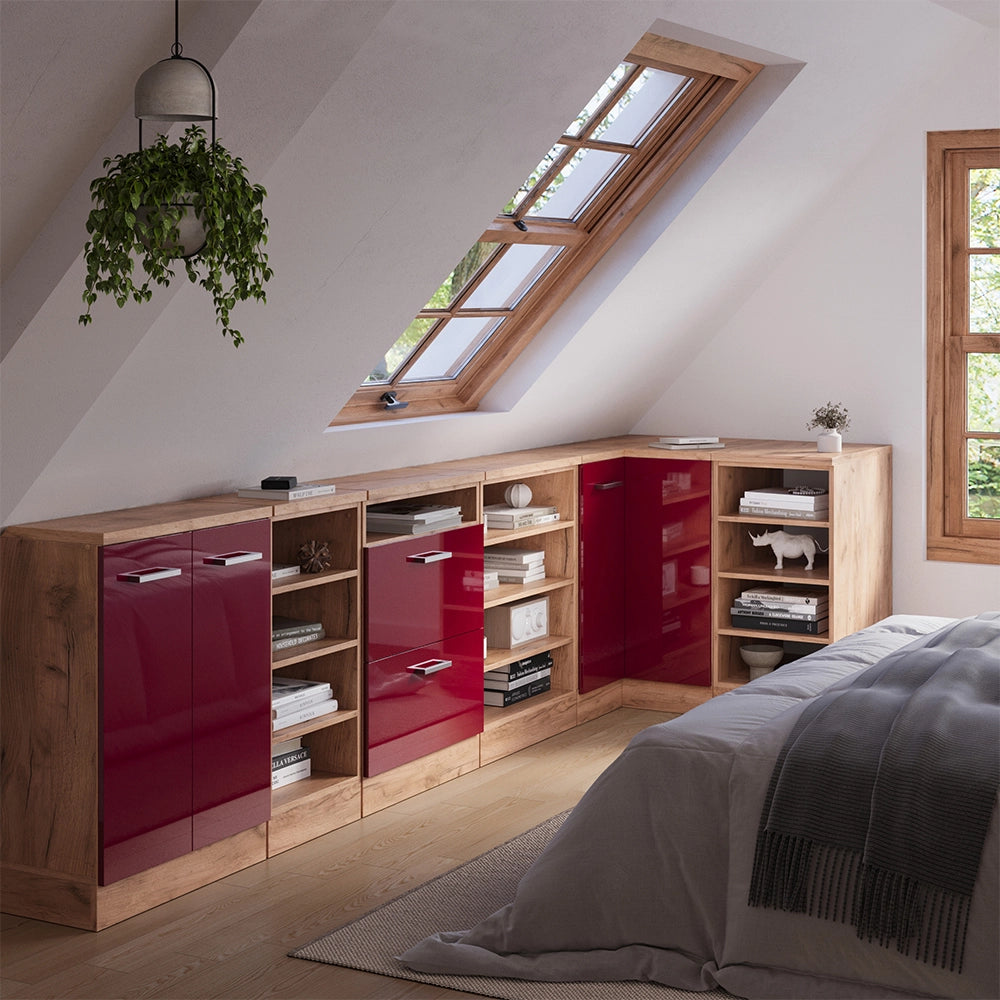 Mobile cucina angolare per sottotetto R-Line Rosso lucido/Rovere dorato 75.6 cm con 1 porta, carcassa dell’armadio profondità 60 cm Vicco