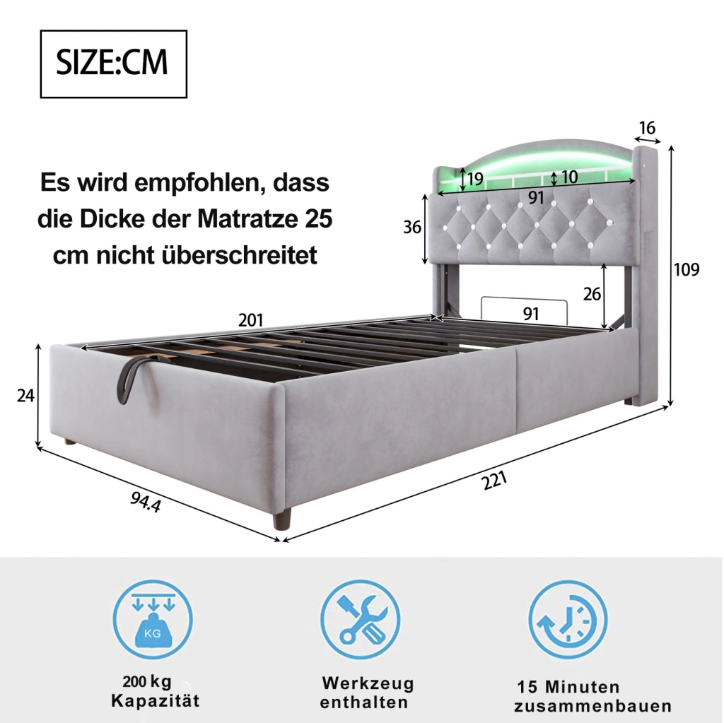 Letto Singolo Imbottito per Bambini 90x200 cm con Contenitore, LED e USB, Grigio