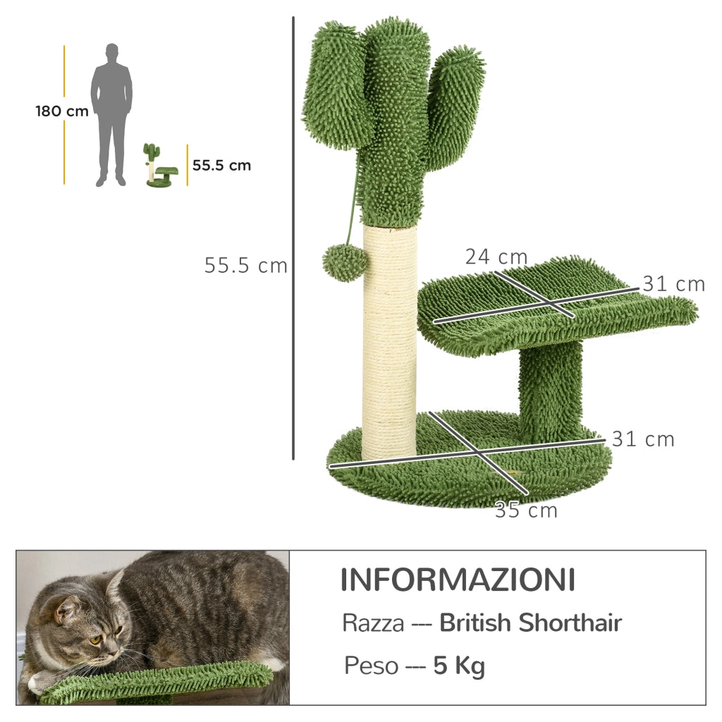 EasyComfort Albero per Gatti a forma di Cactus con Tiragraffi e Pallina da Gioco, 35x31x55.5 cm, Verde e Bianco