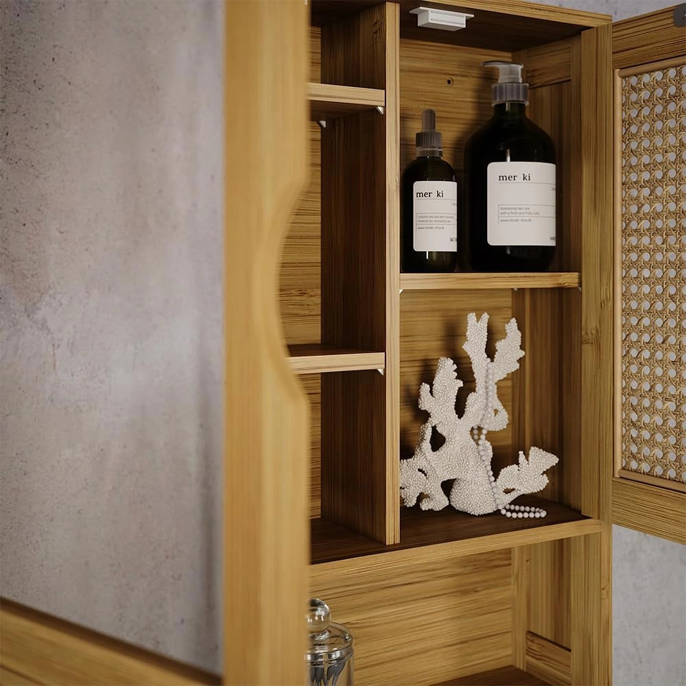 Mobile a specchio per il bagno Liora, Bambù, 56 x 58 cm con specchio, per la conservazione di articoli da bagno e asciugamani