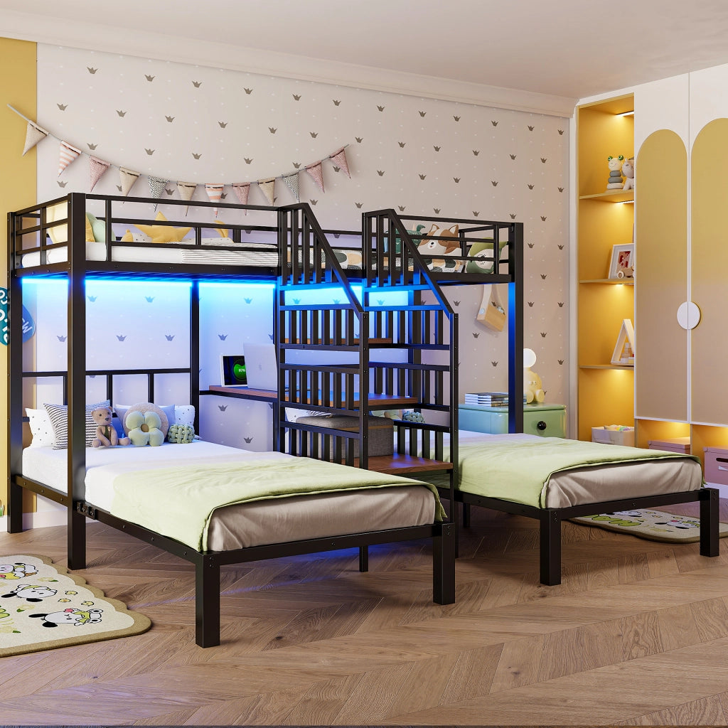 LETTO a castello 90x200 cm in metallo nero con LED, scrivania e USB