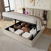 Letto imbottito 160x200 cm in lino naturale con ricarica wireless; USB e contenitore