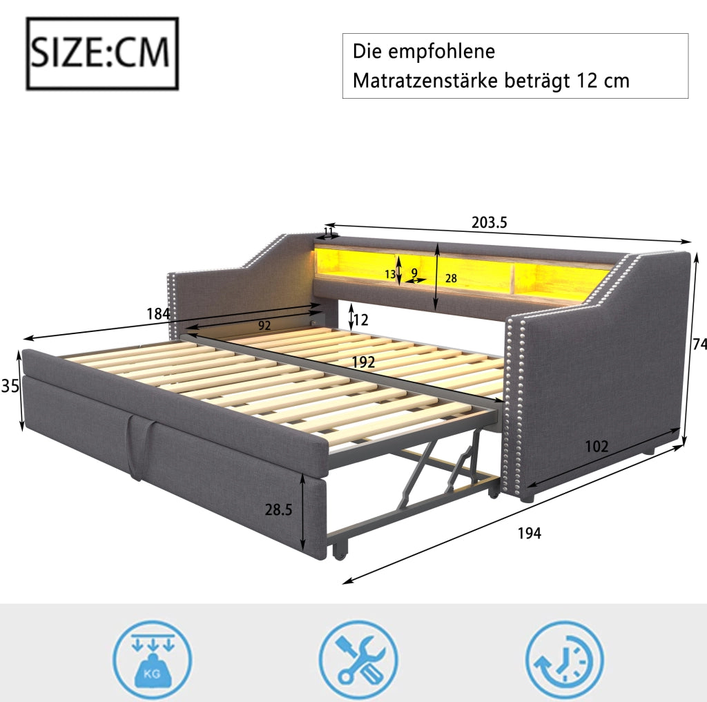 Divano letto imbottito estraibile 90/180x190 cm con LED; USB e 2 materassi; grigio scuro