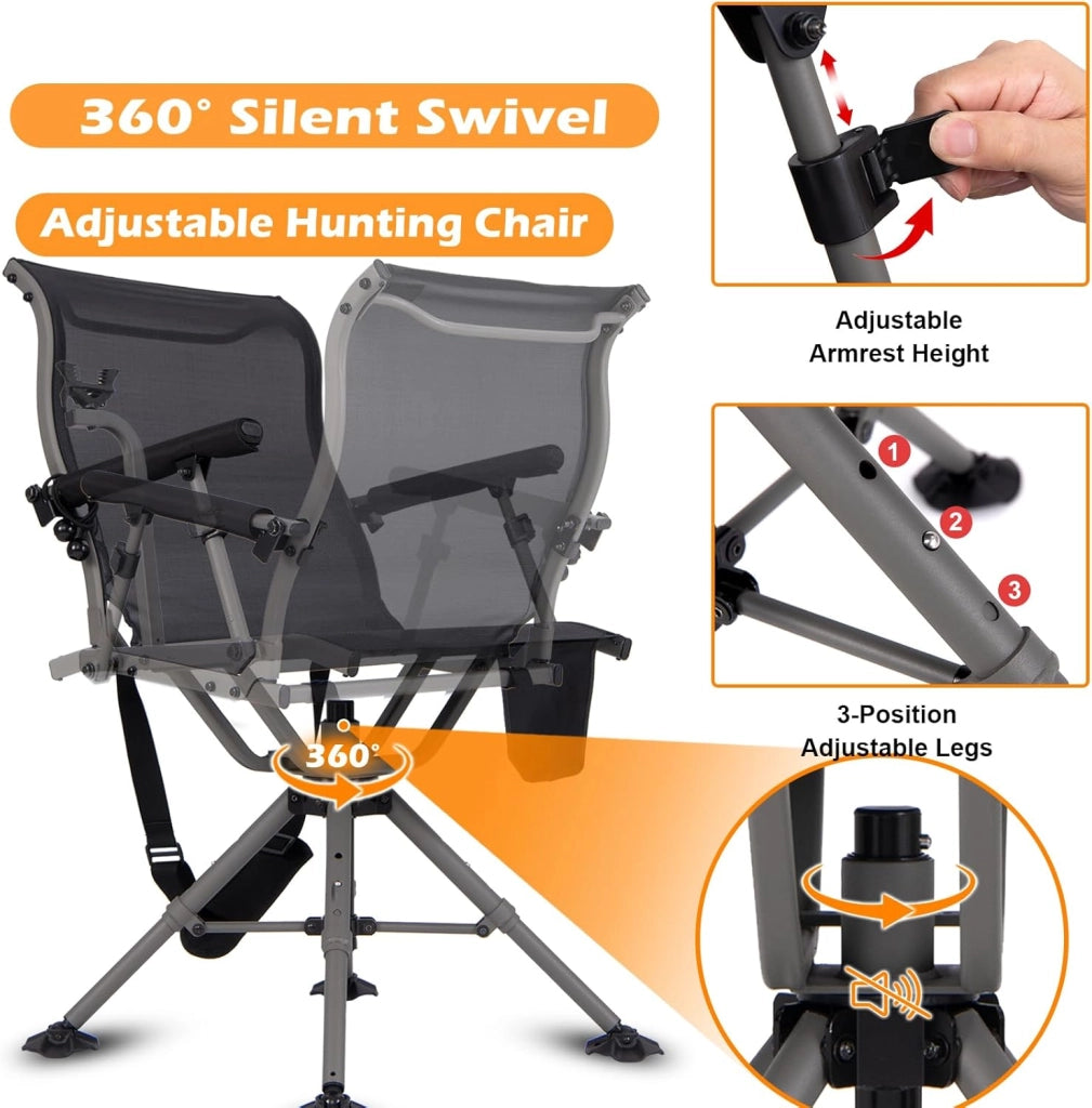 Sedia da Caccia Girevole a 360°, Sedia Pieghevole da Esterno con Gambe e Supporto per Fucile Regolabili, Sedile da Cecchino con Tasca per Riporre da Campeggio, Portata 150kg (Modello II)