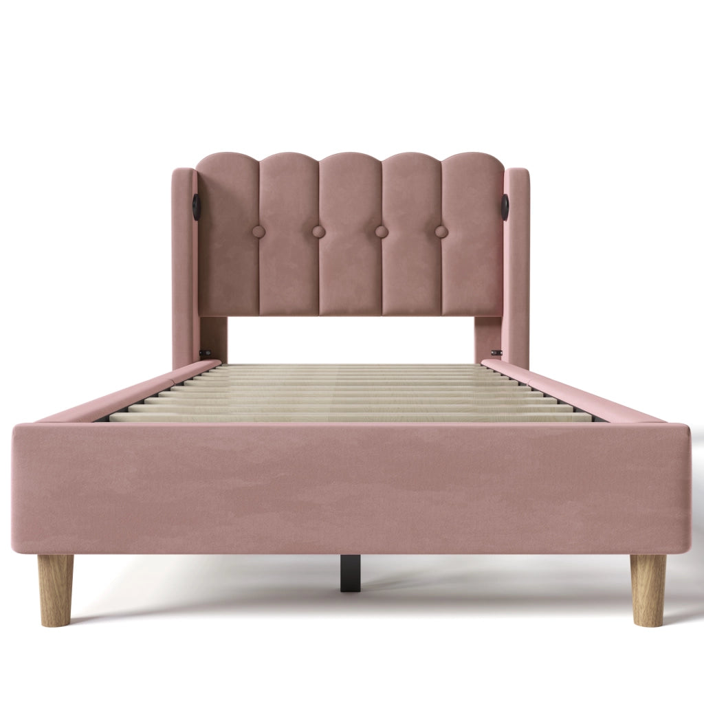Letto imbottito 90x200 cm in velluto rosa con USB Tipo C e materasso incluso