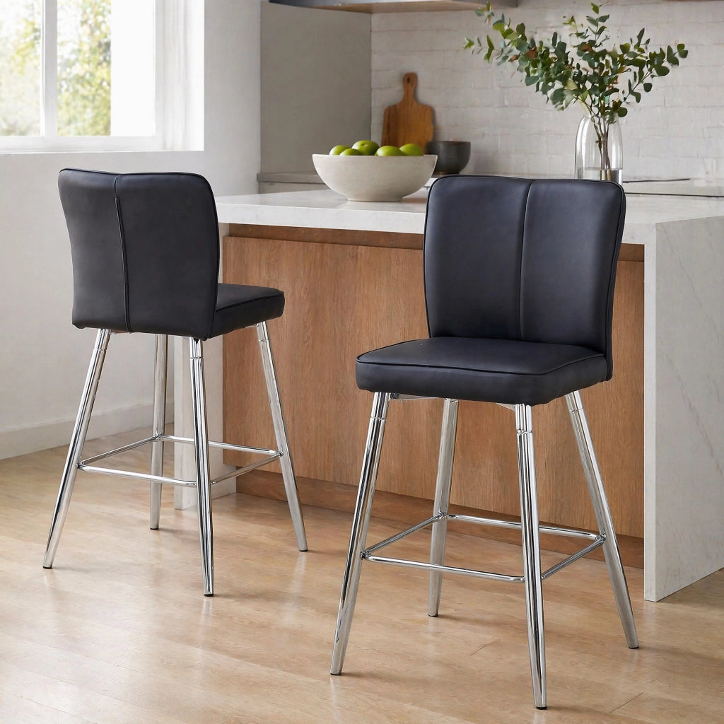 Sgabello da bar con schienale ergonomico e poggiapiedi, piedini regolabili, PU, Nero e Argento