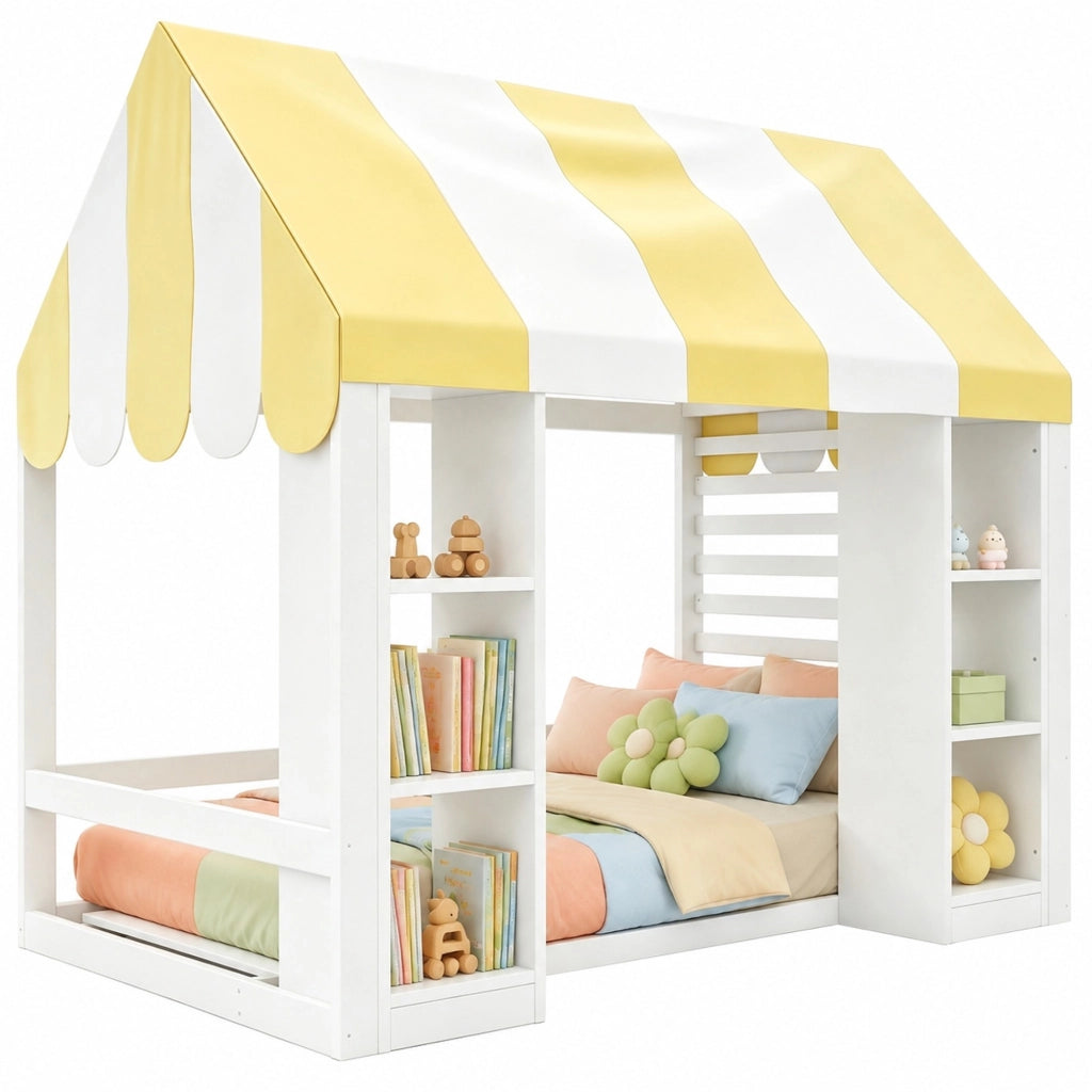 Letto per bambini in stile cottage con baldacchino e vani portaoggetti aperti 90x200 cm; bianco
