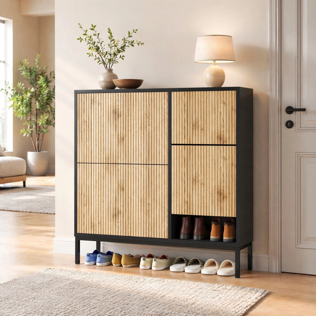 Mobile portascarpe con panca estraibile 100x100x25 cm in MDF nero e naturale