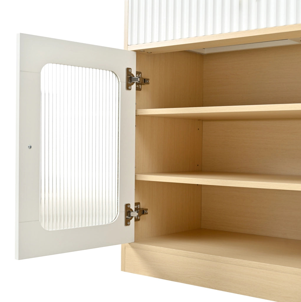Credenza 80x40x180 cm con ripiani regolabili; cassetto; illuminazione LED; MDF e pannello truciolare; naturale e bianco