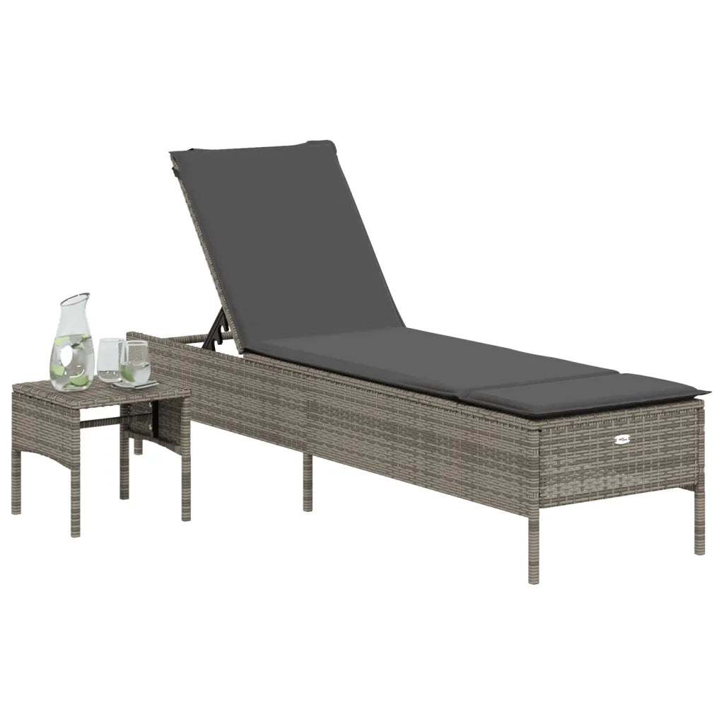 vidaXL Lettino Prendisole con Tavolo e Cuscino Grigio in Polyrattan