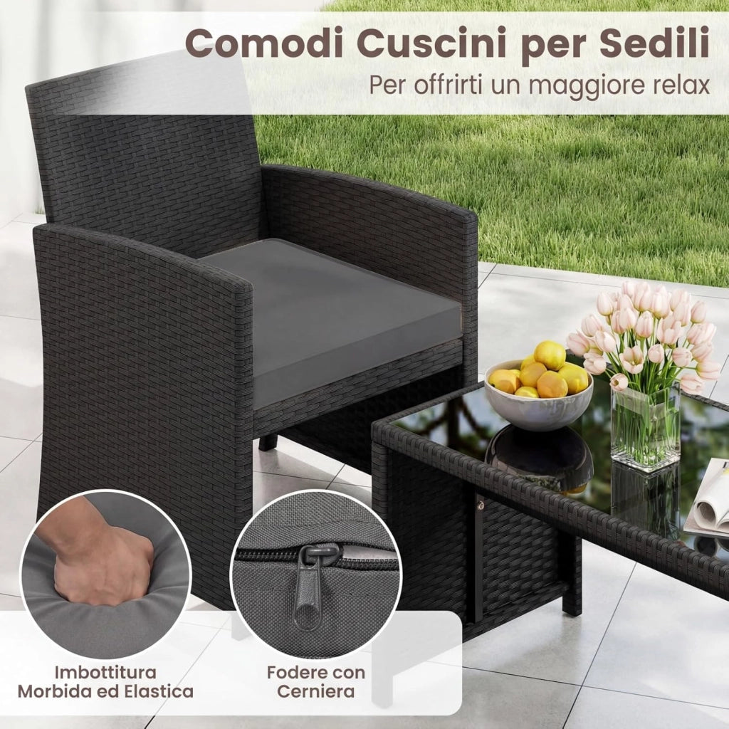 Set Salotto da Giardino 4 Pezzi, Divanetto e Poltrone in Rattan con Tavolino da Caffè in Vetro Temperato, Set di Mobili da Esterno Imbottiti per Cortile, Veranda e Bordo Piscina (Grigio)