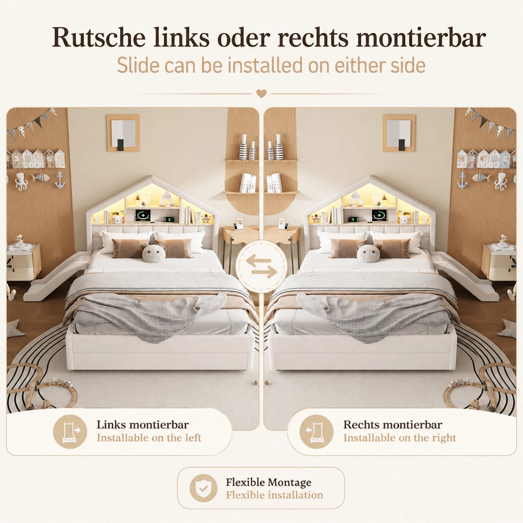 Letto per bambini imbottito con scivolo e LED, 140x200 cm, beige