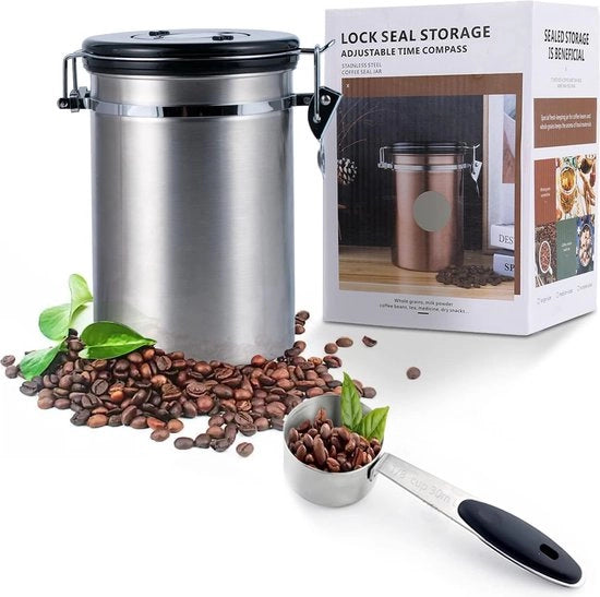 Contenitore aereostatico per caffè, 1,8 L, contenitore per capsule di caffè in acciaio inossidabile, bollitori a vuoto con valvola CO2 e indicatore di data nel coperchio, impermeabile all'aroma con cucchiaio per caffè in polvere.