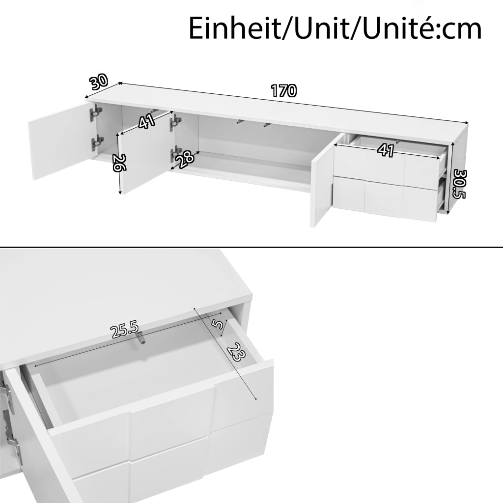 OKWISH Mobile TV con 3 Ante e 2 Cassetti, Montaggio a Parete o a Terra, Frontali senza Maniglie, Soggiorno, MDF, 170 x 30 x 30.5 cm