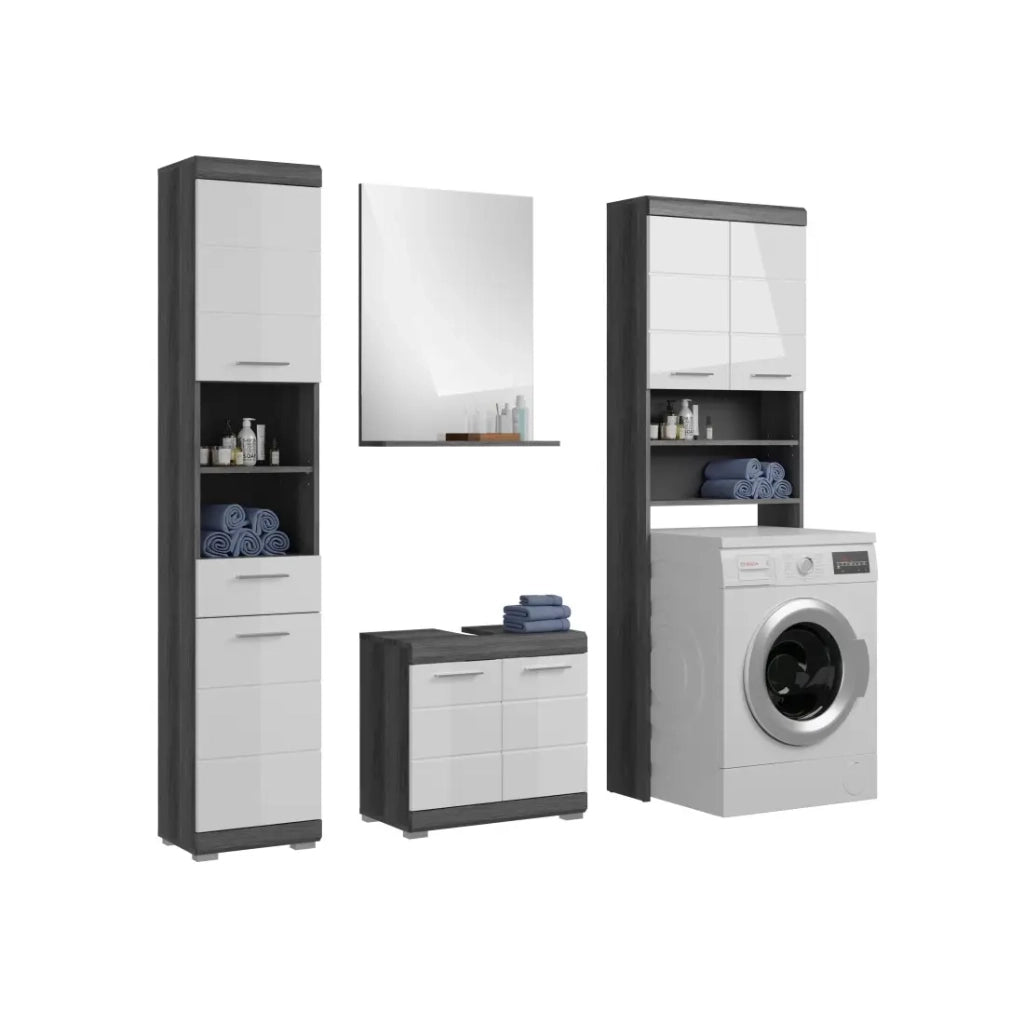 Set bagno SCOTT – Mobile sotto lavabo, colonna, armadietto con specchio e mobiletto – Grigio scuro e bianco