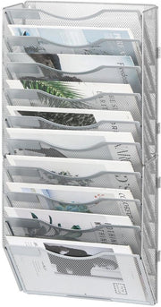 Krantenstandaard con 10 livelli, metallo, support per cartelle, contenitore per archiviazione, A4, documenti, ufficio, scuola, organizzatore archivi, argento