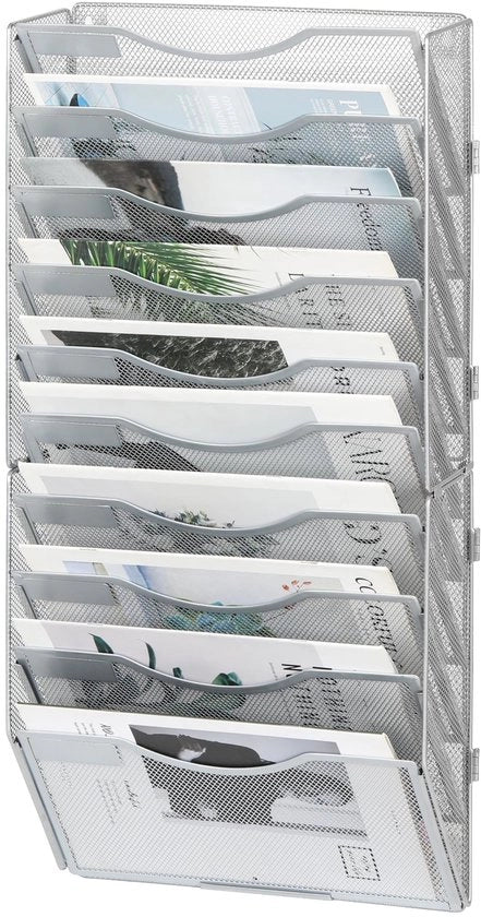 Krantenstandaard con 10 livelli, metallo, support per cartelle, contenitore per archiviazione, A4, documenti, ufficio, scuola, organizzatore archivi, argento