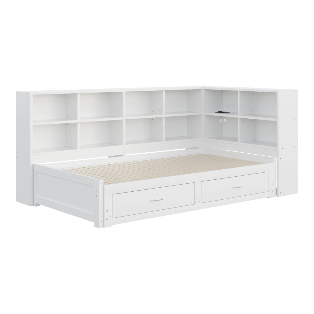 DESMIU Divano letto 90 × 190 cm e 180 × 190 cm 1 posto con contenitore, USB e Type-C, senza materasso, bianco