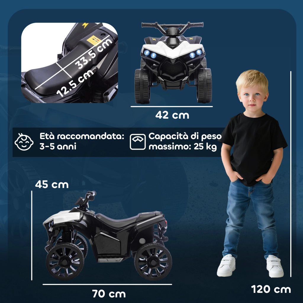 Quad Elettrico per Bambini ATV con Batteria Ricaricabile 6V Fari LED e Musica Bianco