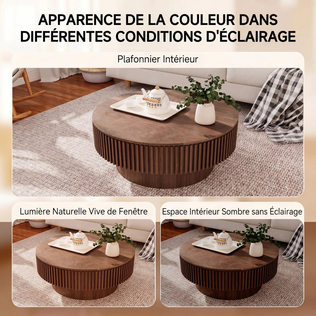 Tavolino basso rotondo con contenitore nascosto, in MDF e legno massello, finitura noce, per soggiorno e ufficio, Ø 75 cm
